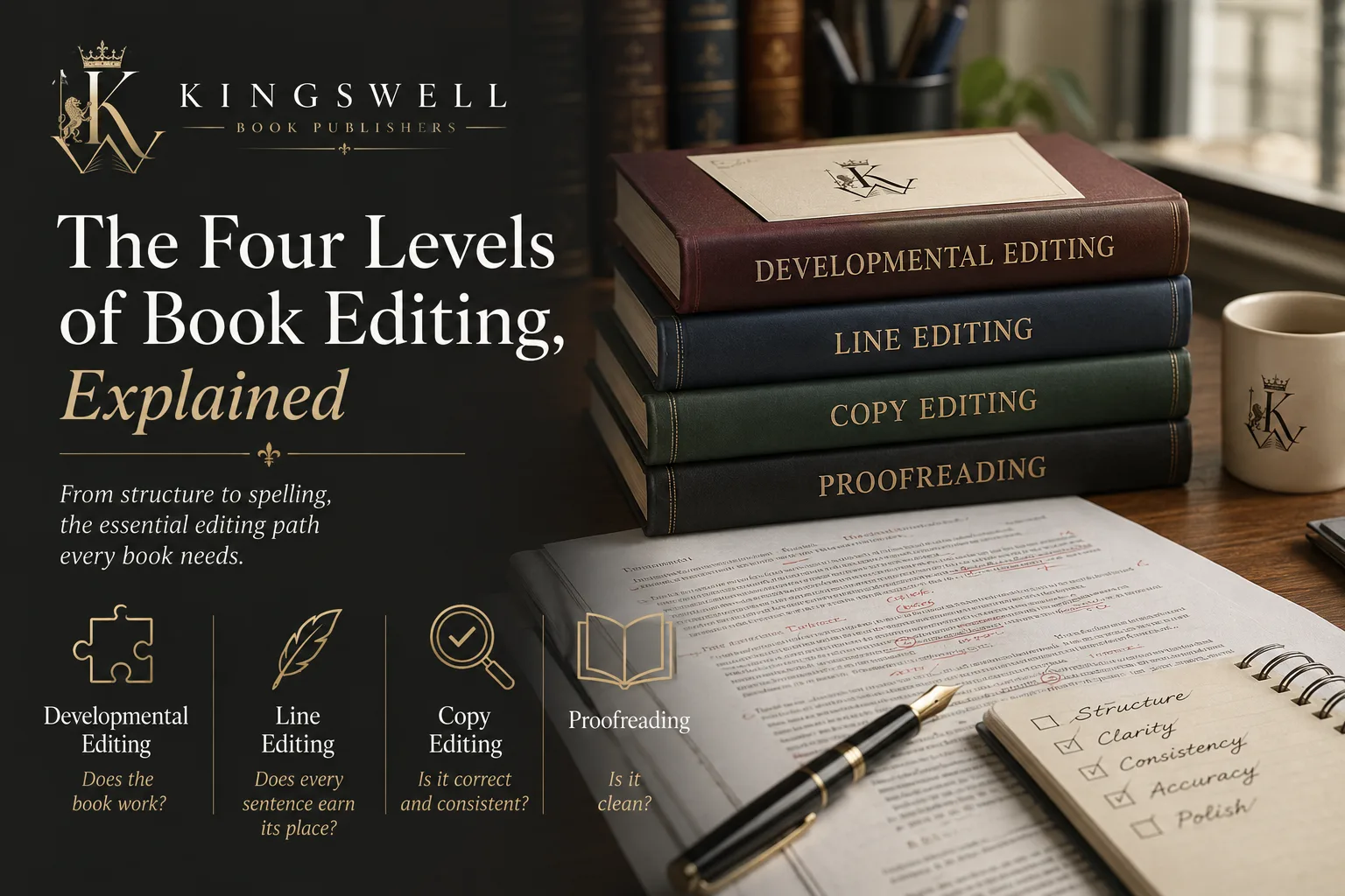 Four books stacked and labelled developmental editing, line editing, copy editing and proofreading, above a manuscript page marked up in red pencil.