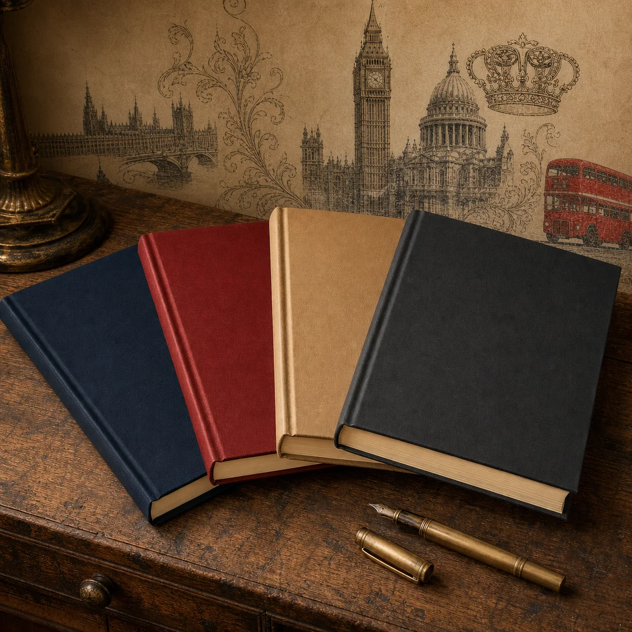 Finished hardback books in navy, red, tan and black on a British writing desk