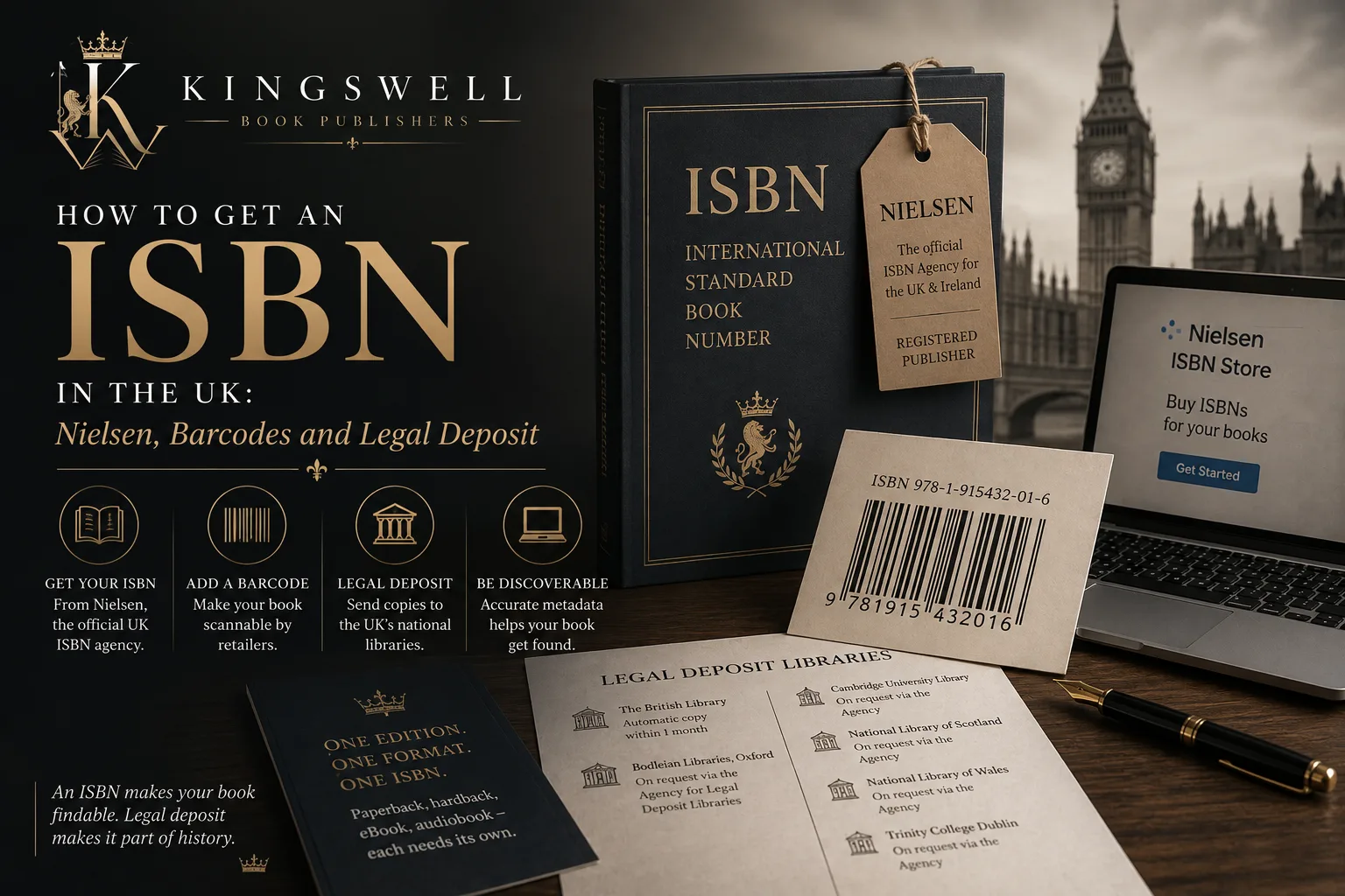 A navy hardback marked ISBN with a Nielsen registered publisher tag, a printed book barcode, and a list of the six UK and Ireland legal deposit libraries.