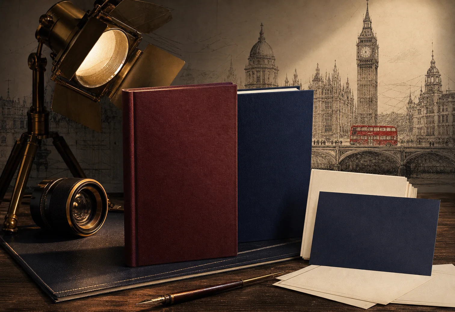 Books lit under a studio lamp for a London book marketing campaign