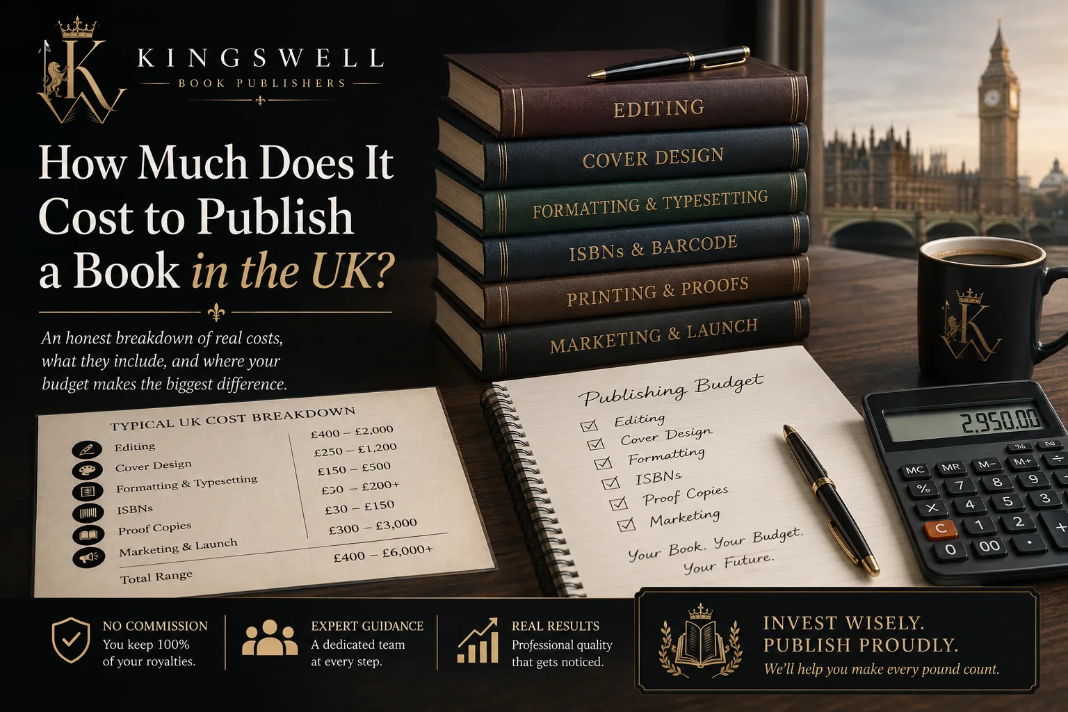 A stack of books labelled with each publishing cost — editing, cover design, formatting, ISBNs, printing and marketing — beside a printed UK cost breakdown and a calculator.