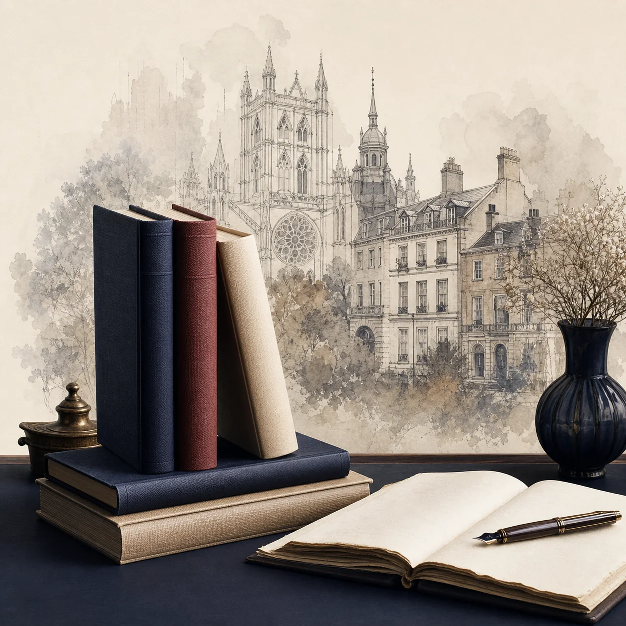 Blank books and a manuscript in a British publishing studio