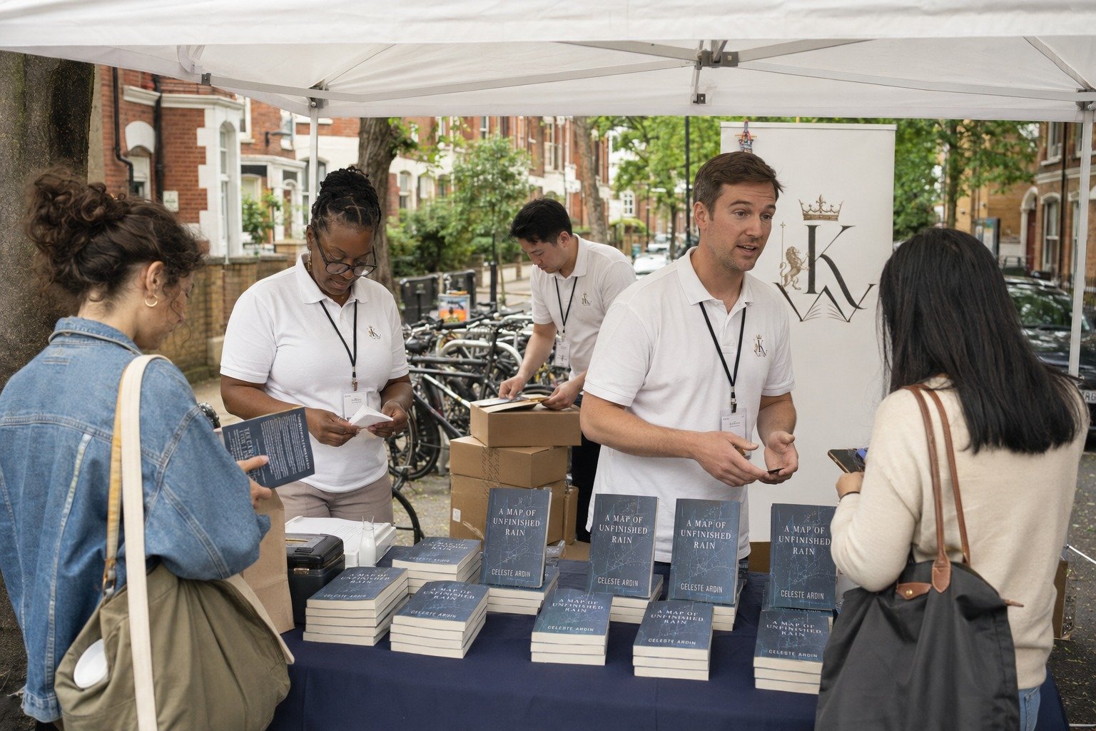 Kingswell team welcoming visitors to an outdoor book fair stand