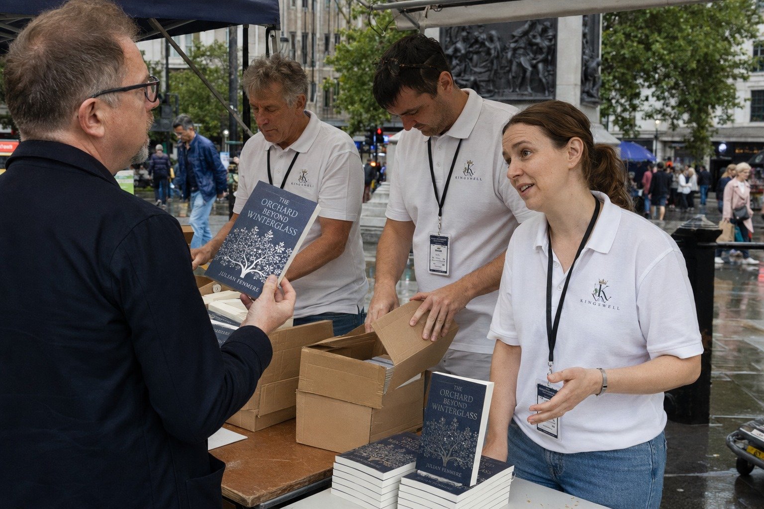 Kingswell team speaking with a reader at an outdoor book fair