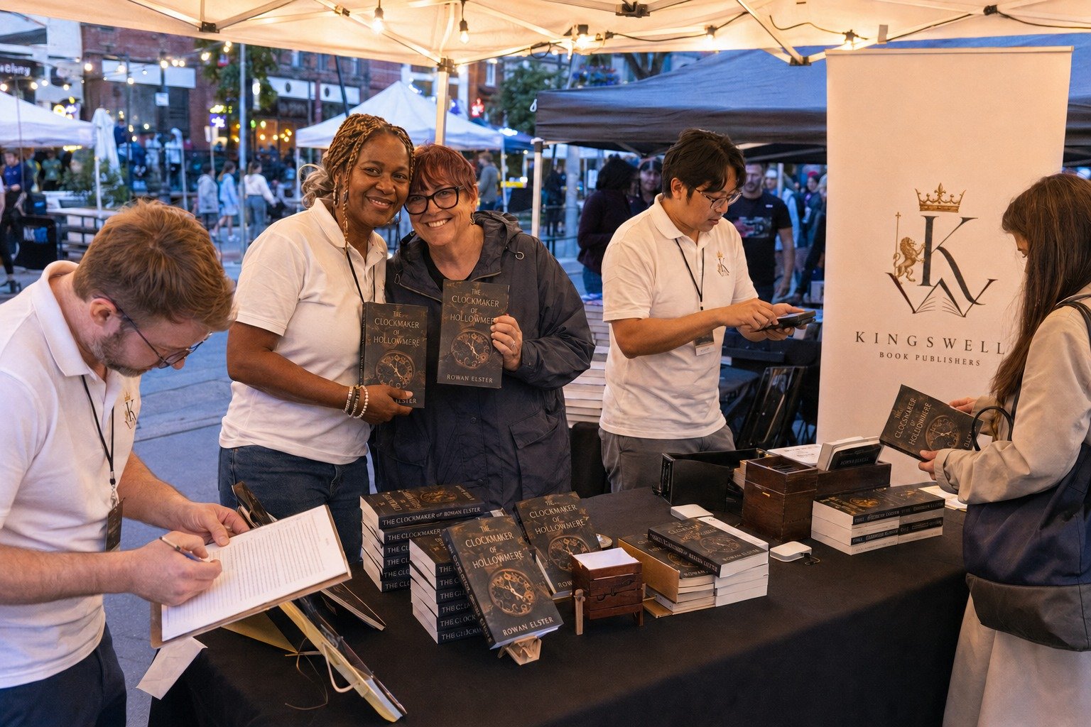 Kingswell author and reader celebrating a book at an evening fair