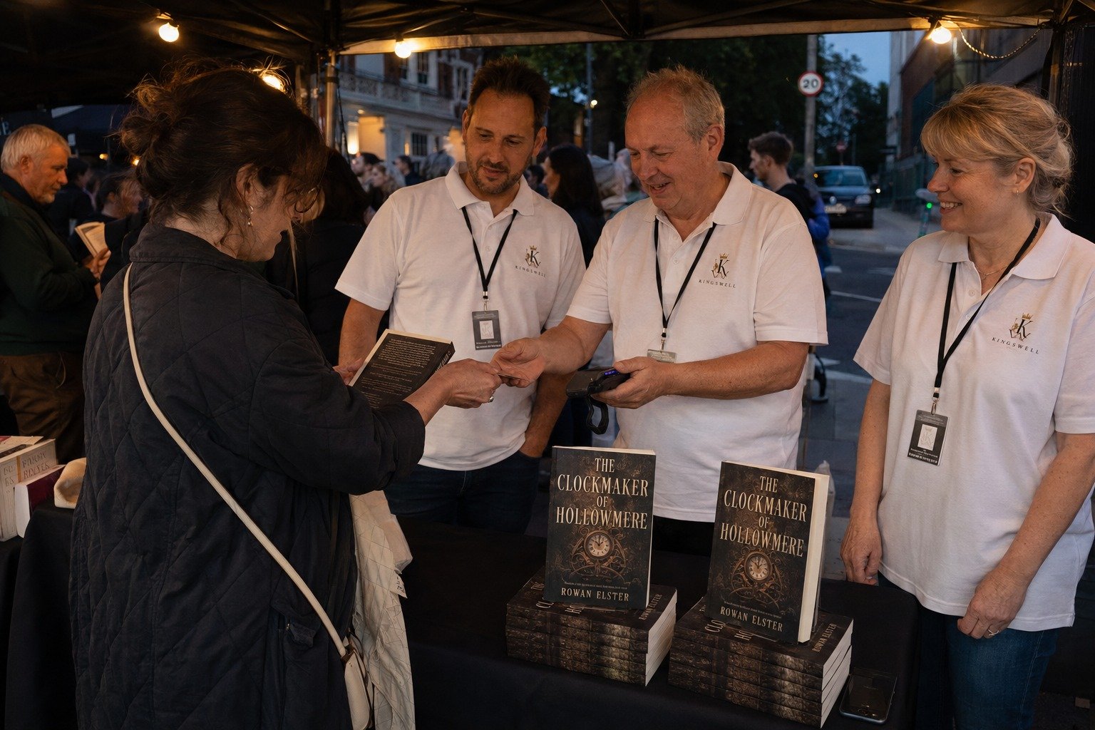 A reader purchasing a Kingswell title at a book fair