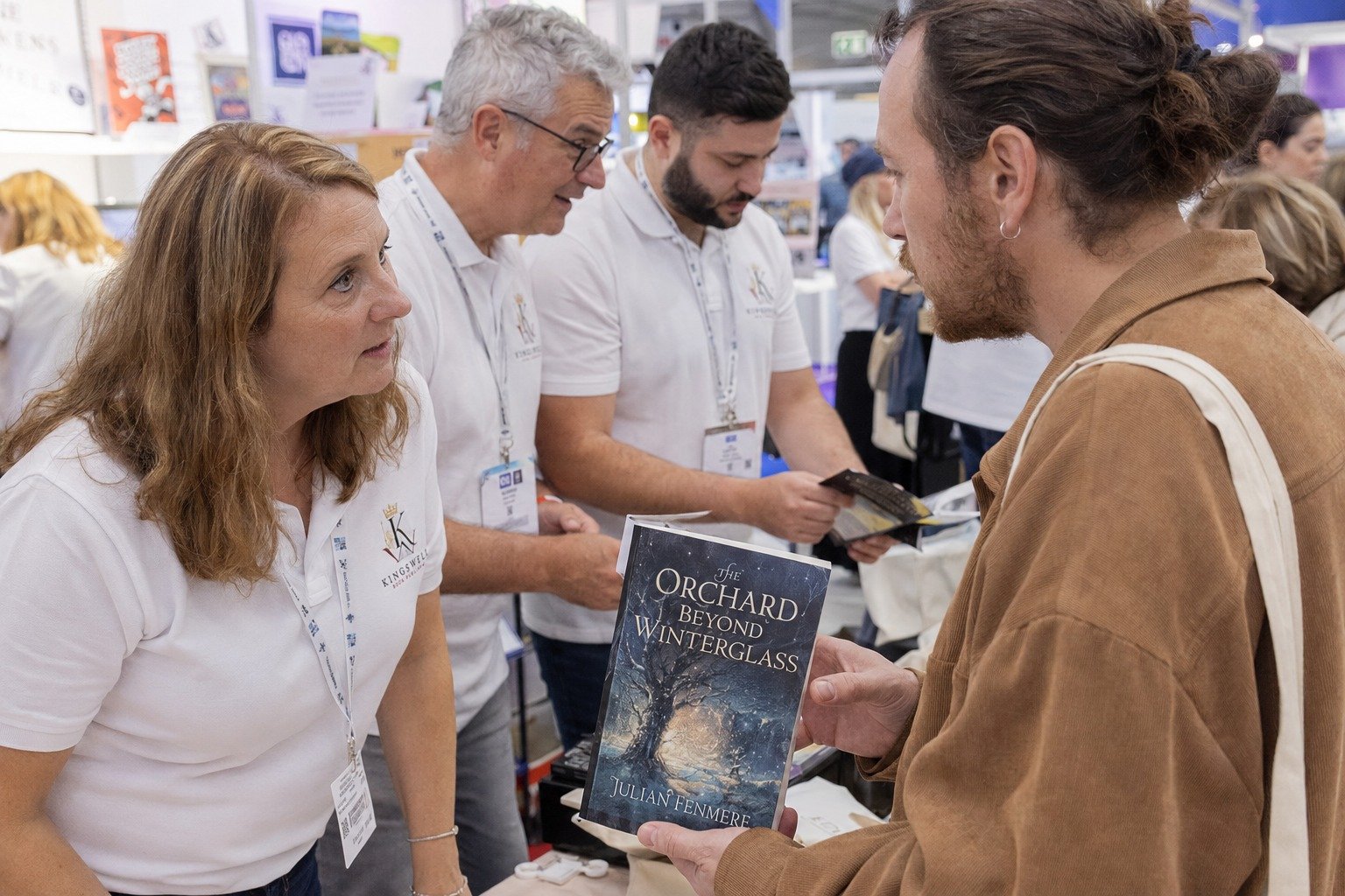 Kingswell team showcasing a published book at an indoor publishing event